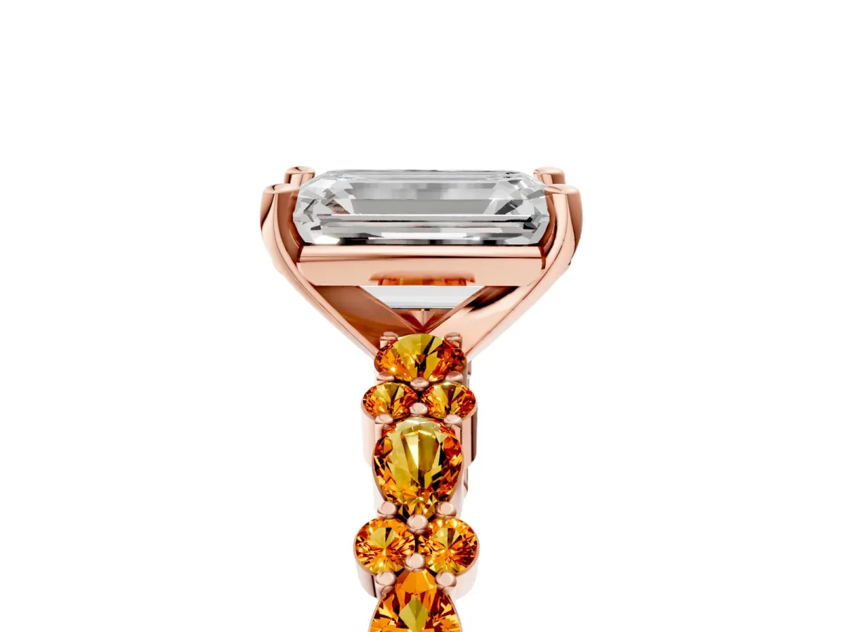 Emerald Cut Diamond Side Stone Solitaire Ring with Round Citrine and Four-Prong Setting Rose gold