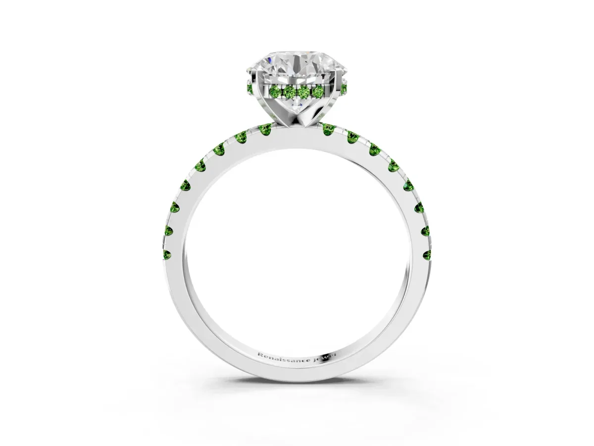 Round Cut Diamond Solitaire Ring with Round Peridot Pavé Band and Four-Prong Setting Silver