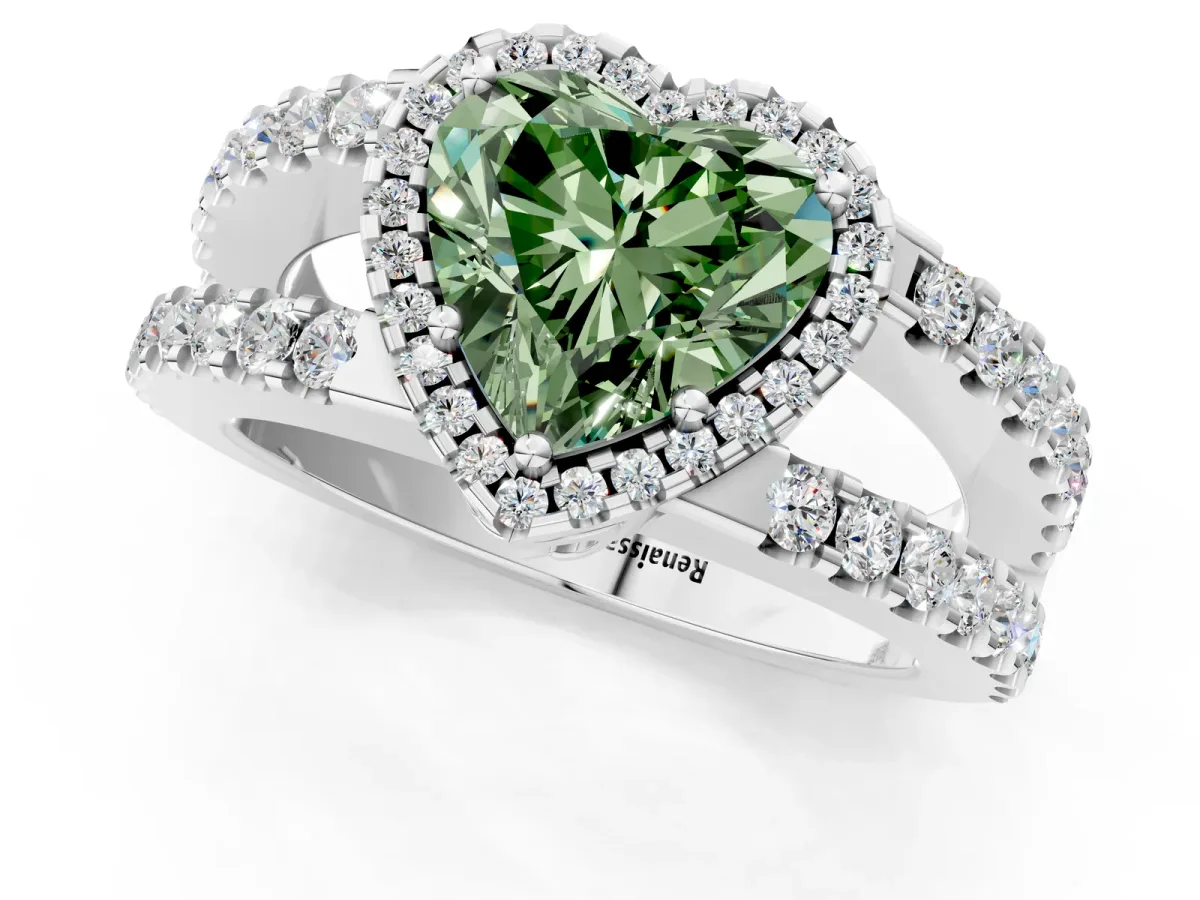 Fancy Green Heart Cut Cut Halo Split Shank Diamond Ring with Four-Prong Setting Platinum