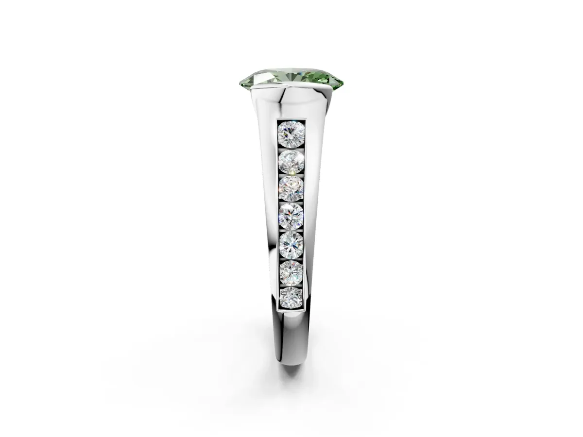 Fancy Green Oval Cut Solitaire Bezel-Set Diamond Ring with Channel-Set Band Platinum