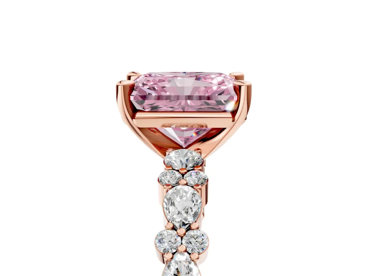 Fancy Pink Radiant Cut Diamond Side Stone Solitaire Ring with Round and Four-Prong Setting Rose gold