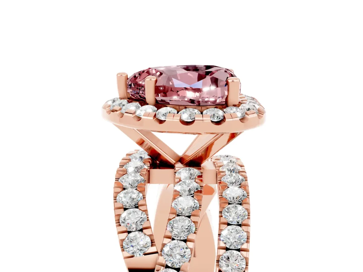Heart Cut Morganite Halo Ring with Round Split Shank and Prong Setting Rose gold
