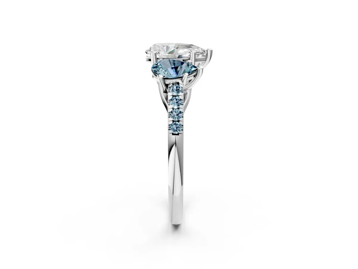 Three-Stone Pear Cut Diamond Ring with Round Aquamarine Pavé Band and Prong Setting Silver