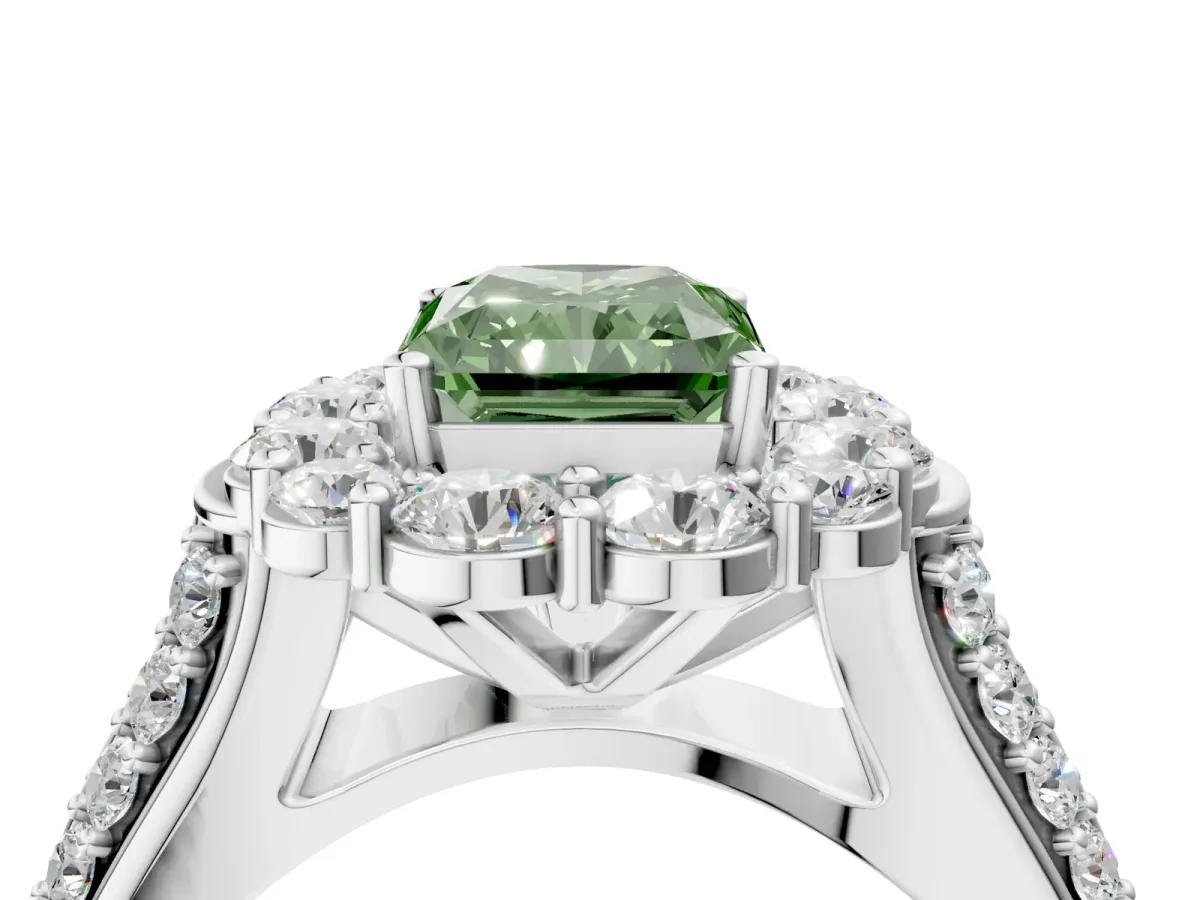 Fancy Green Radiant Cut Halo Diamond Engagement Ring with Split Shank and Prong Setting Platinum