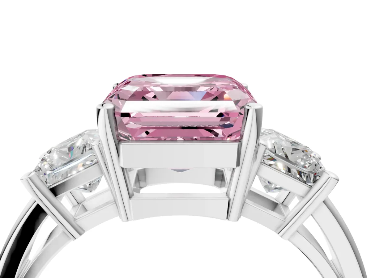 Fancy Pink Three-Stone Asscher Cut Cut Solitaire Ring with Prong Setting Platinum