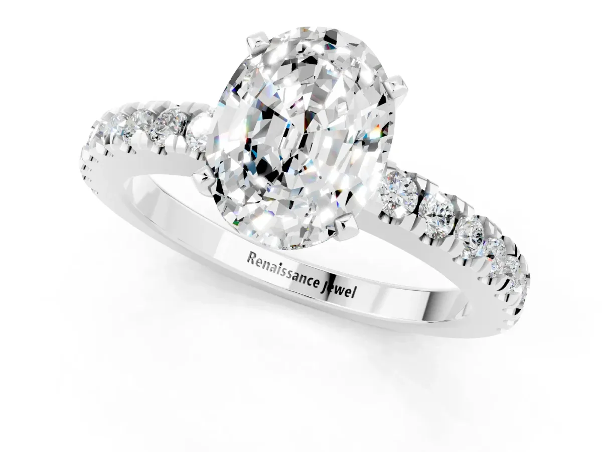 Oval Cut Solitaire Moissanite with Pavé Band and Four-Prong Setting Silver