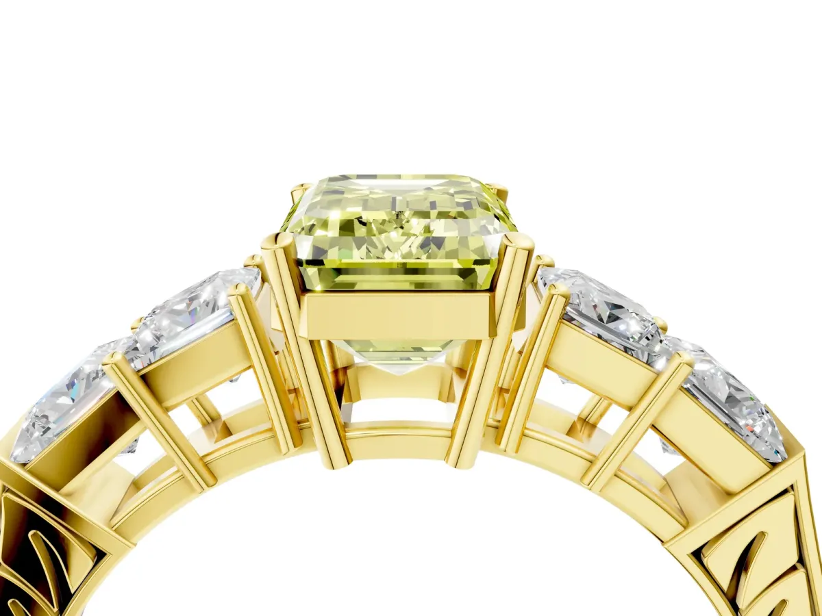 Fancy Yellow Emerald Cut Solitaire Princess Side Stone Engraved Band Prong Setting Ring Yellow gold