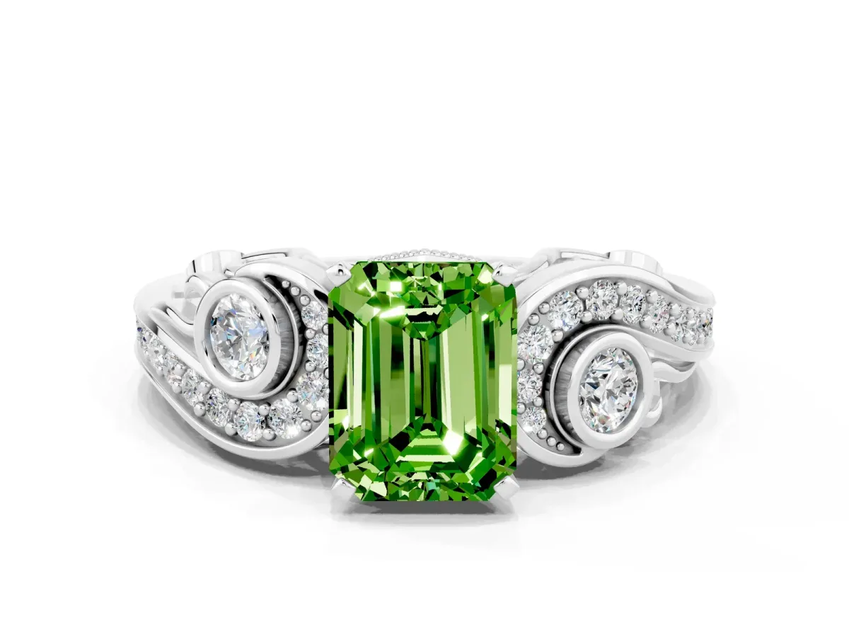 Emerald Cut Peridot Solitaire Ring with Milgrain Pavé Band and Four-Prong Setting Silver