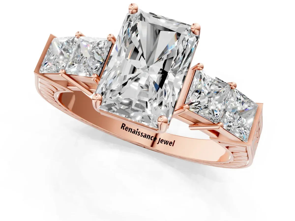 Radiant Cut Solitaire Princess Side Stone Engraved Band Prong Setting Ring Rose gold