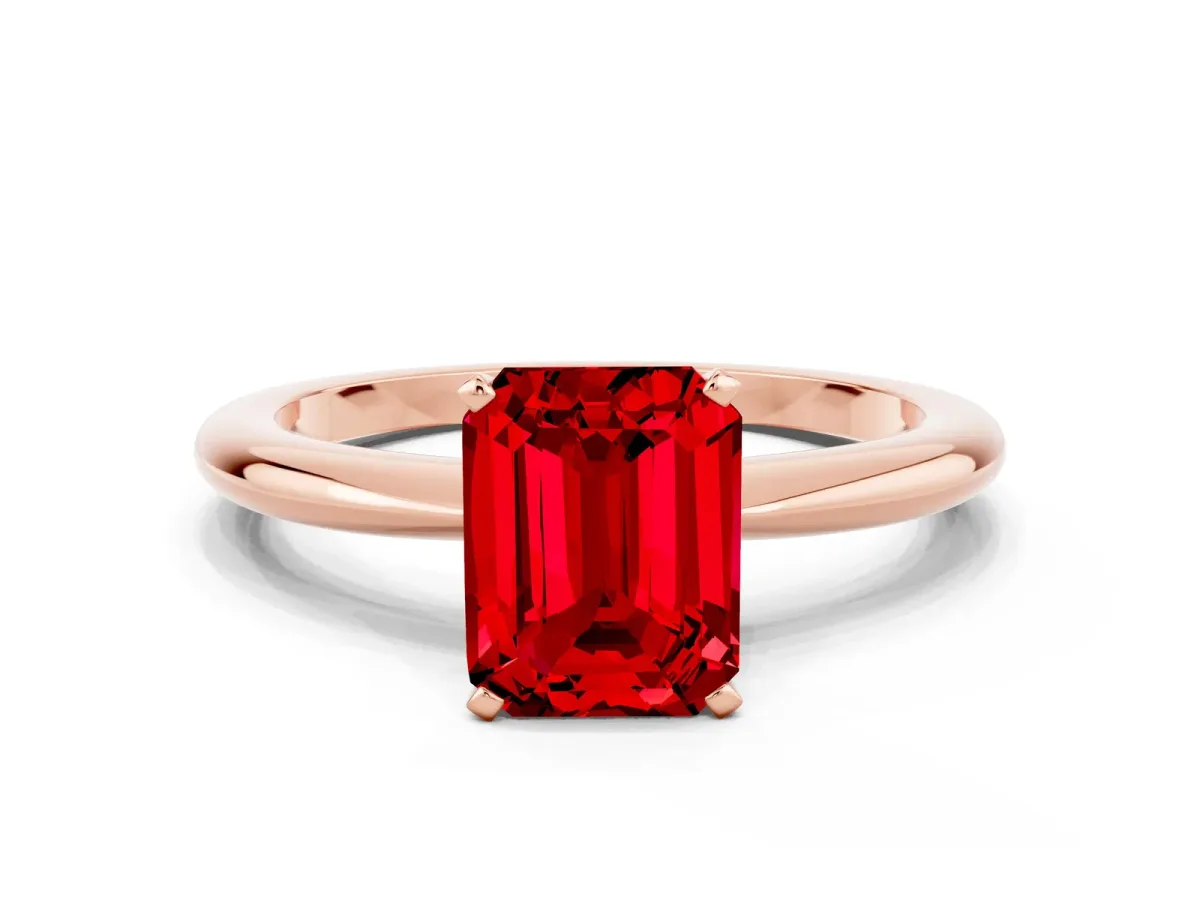 Emerald Cut Ruby Solitaire Ring with Six-Prong Setting and Classic Band Rose gold