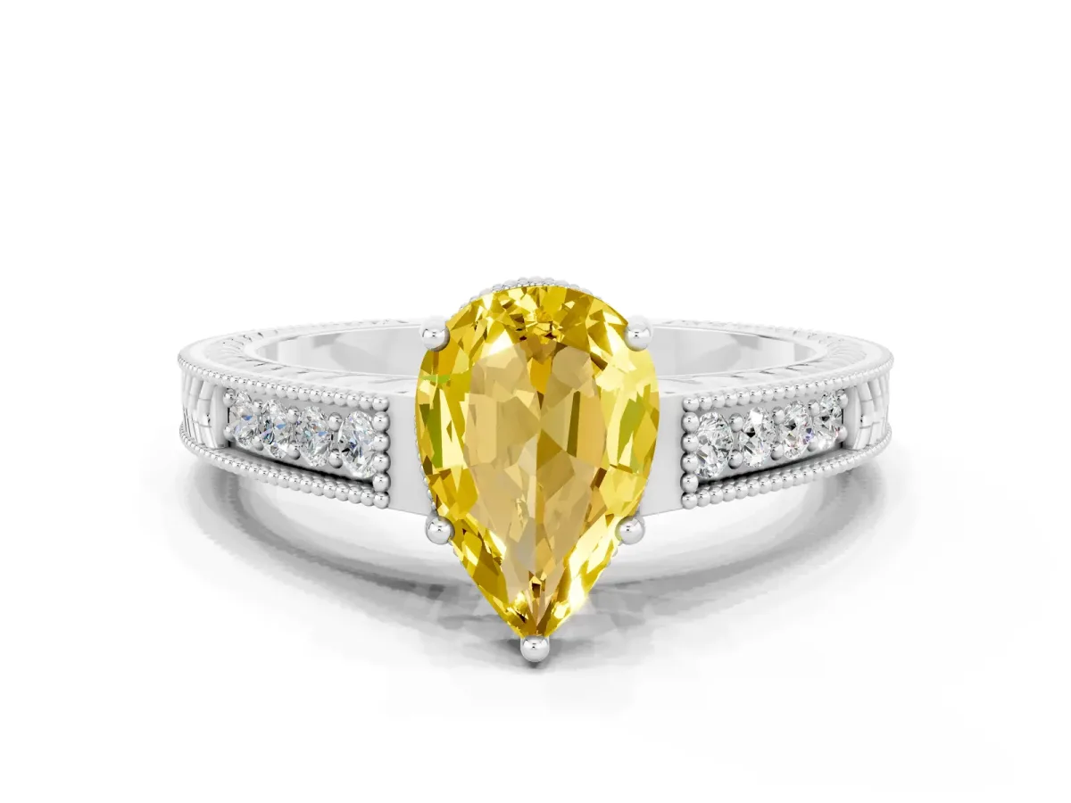 Pear Cut Yellow Sapphire Ring with Milgrain Pavé Band and Four-Prong Setting Platinum