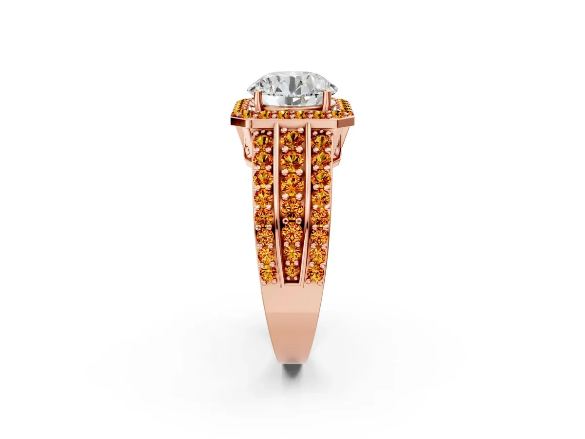 Round Cut Halo Diamond Ring with Round Citrine Split Shank and Prong Setting Rose gold