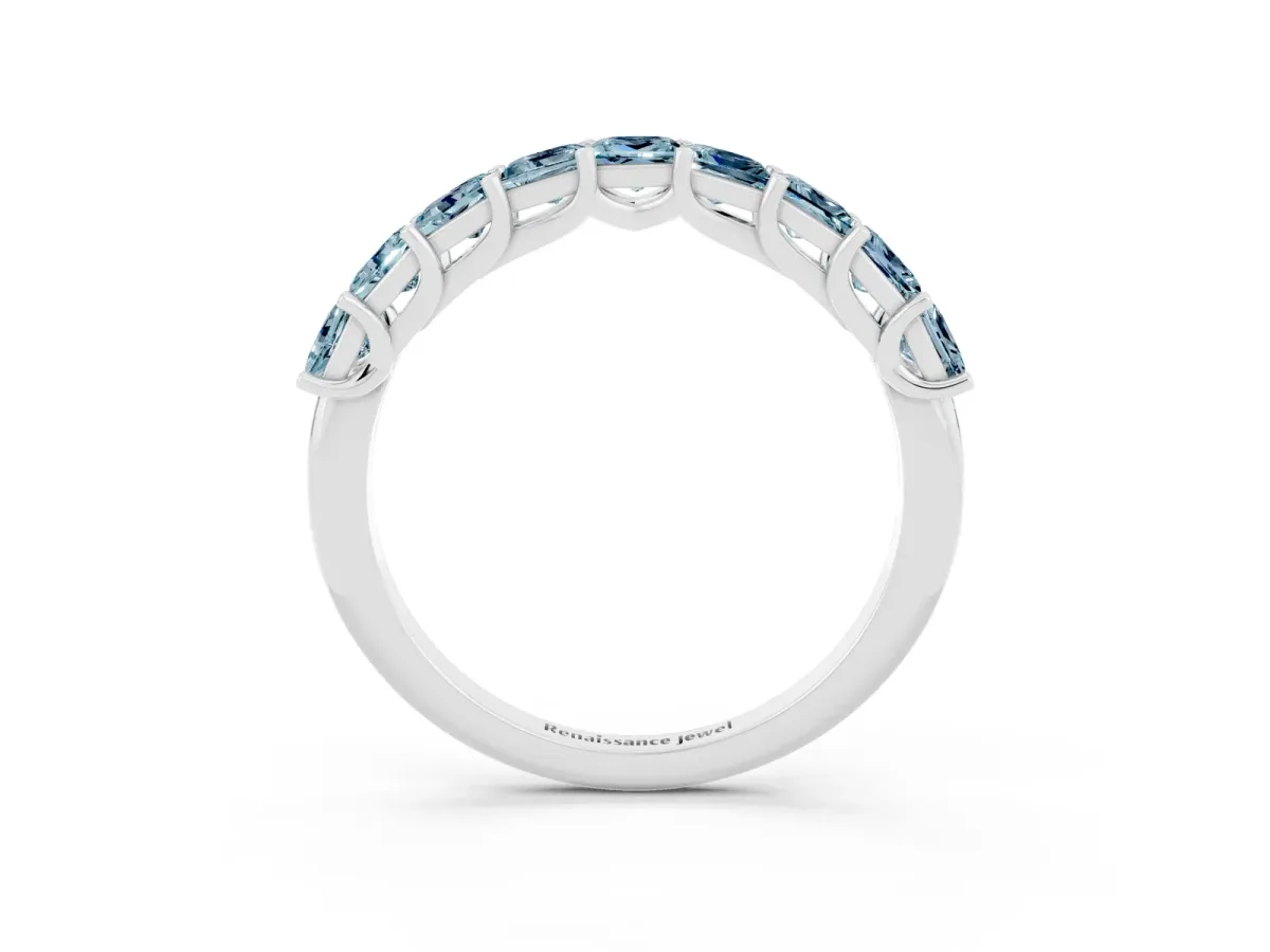 Princess Cut Aquamarine Channel-Set Eternity Band with Prong Setting Silver