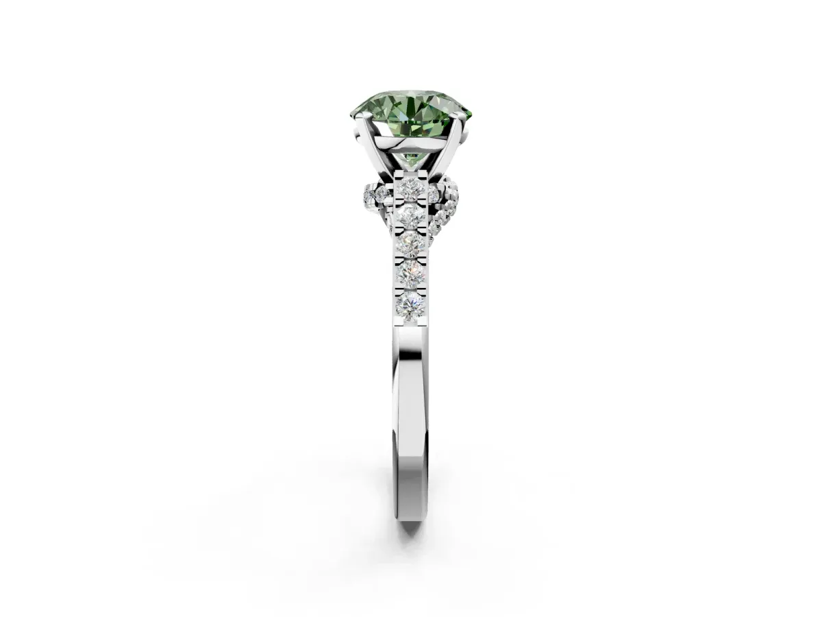 Fancy Green Round Cut Diamond Solitaire Ring with Crossover Gallery and Round Pavé Band Silver