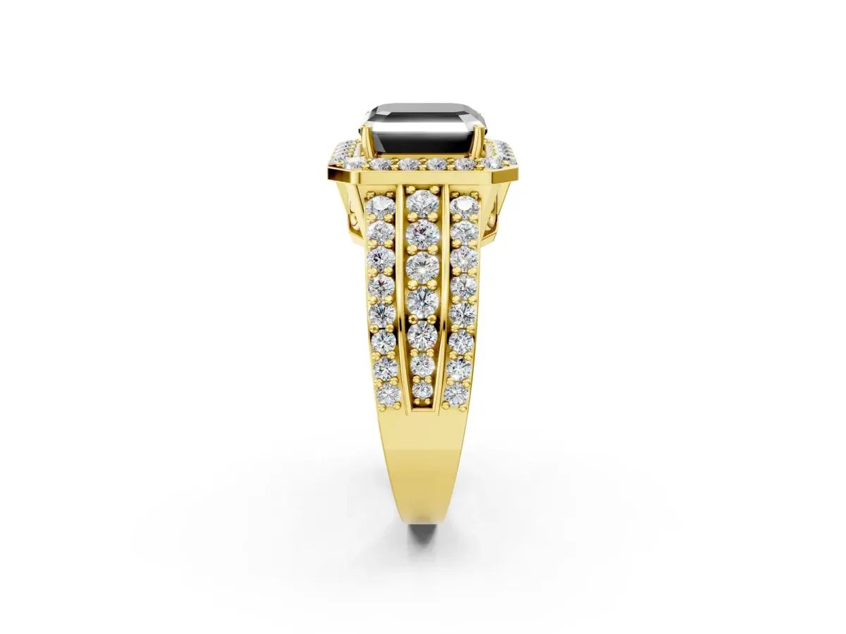 Fancy Black Asscher Cut Halo Diamond Ring with Round Split Shank and Prong Setting Yellow gold