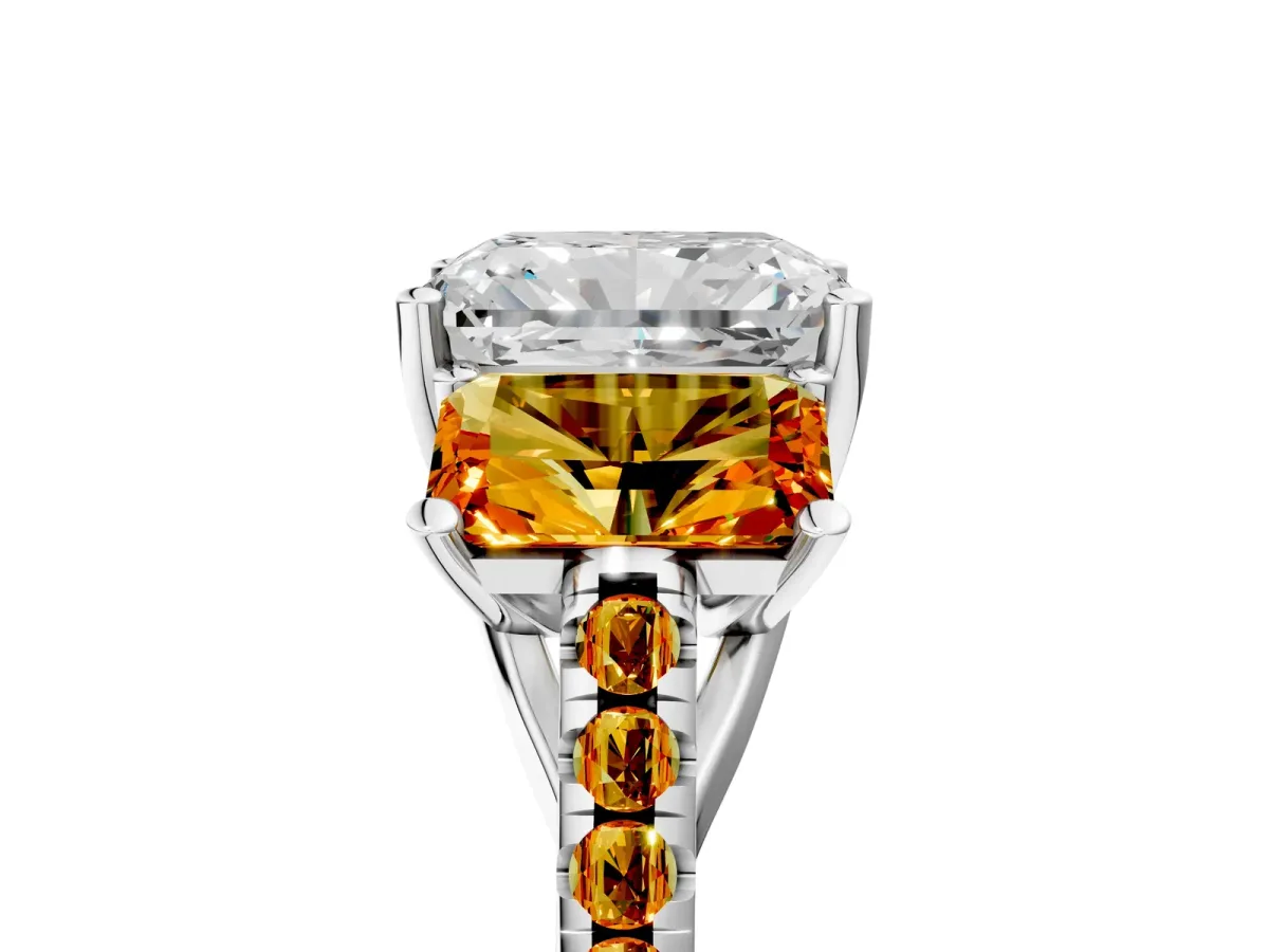 Three-Stone Radiant Cut Diamond Ring with Round Citrine Pavé Band and Prong Setting Silver