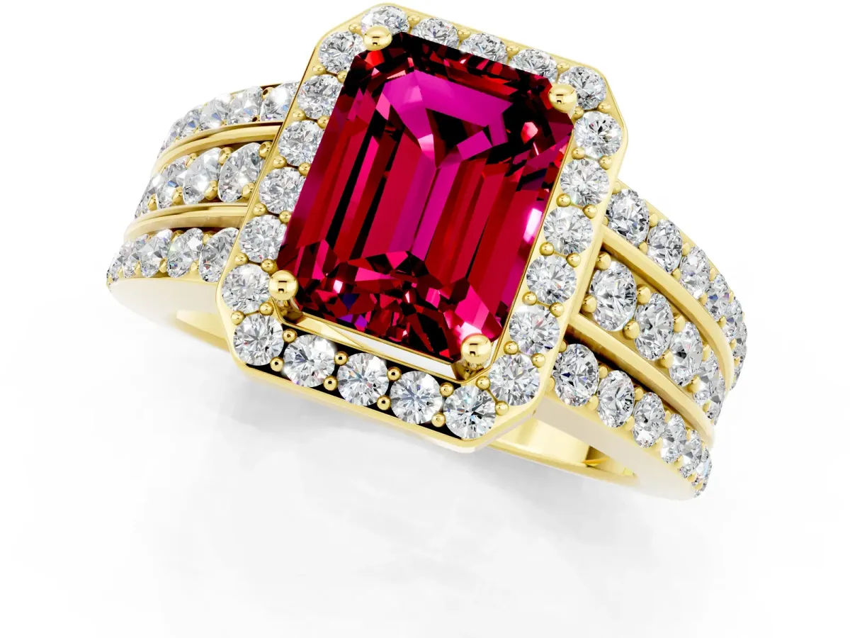 Emerald Cut Halo Garnet Ring with Round Split Shank and Prong Setting Yellow gold
