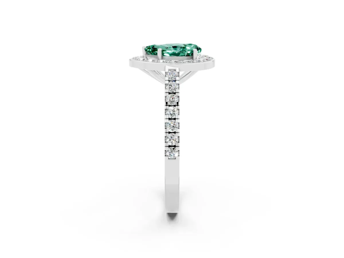 Pear Cut Green Sapphire Halo Ring with Round Pavé Split Shank and Prong Setting Platinum