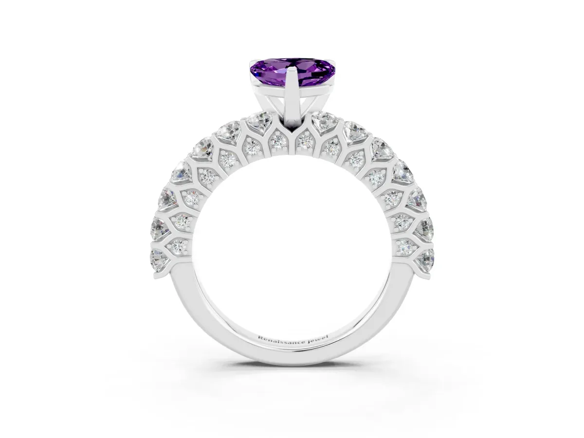 Heart Cut Amethyst Solitaire Ring with Shared Prong Pavé Band and Four-Prong Setting Silver