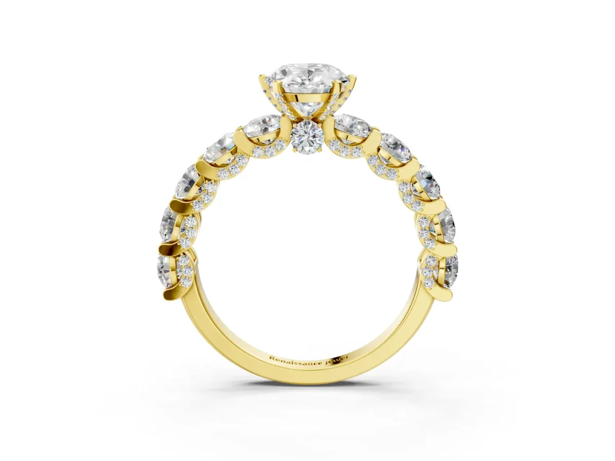 Oval Cut Diamond Side Stone Engagement Ring with Four-Prong Setting Yellow gold