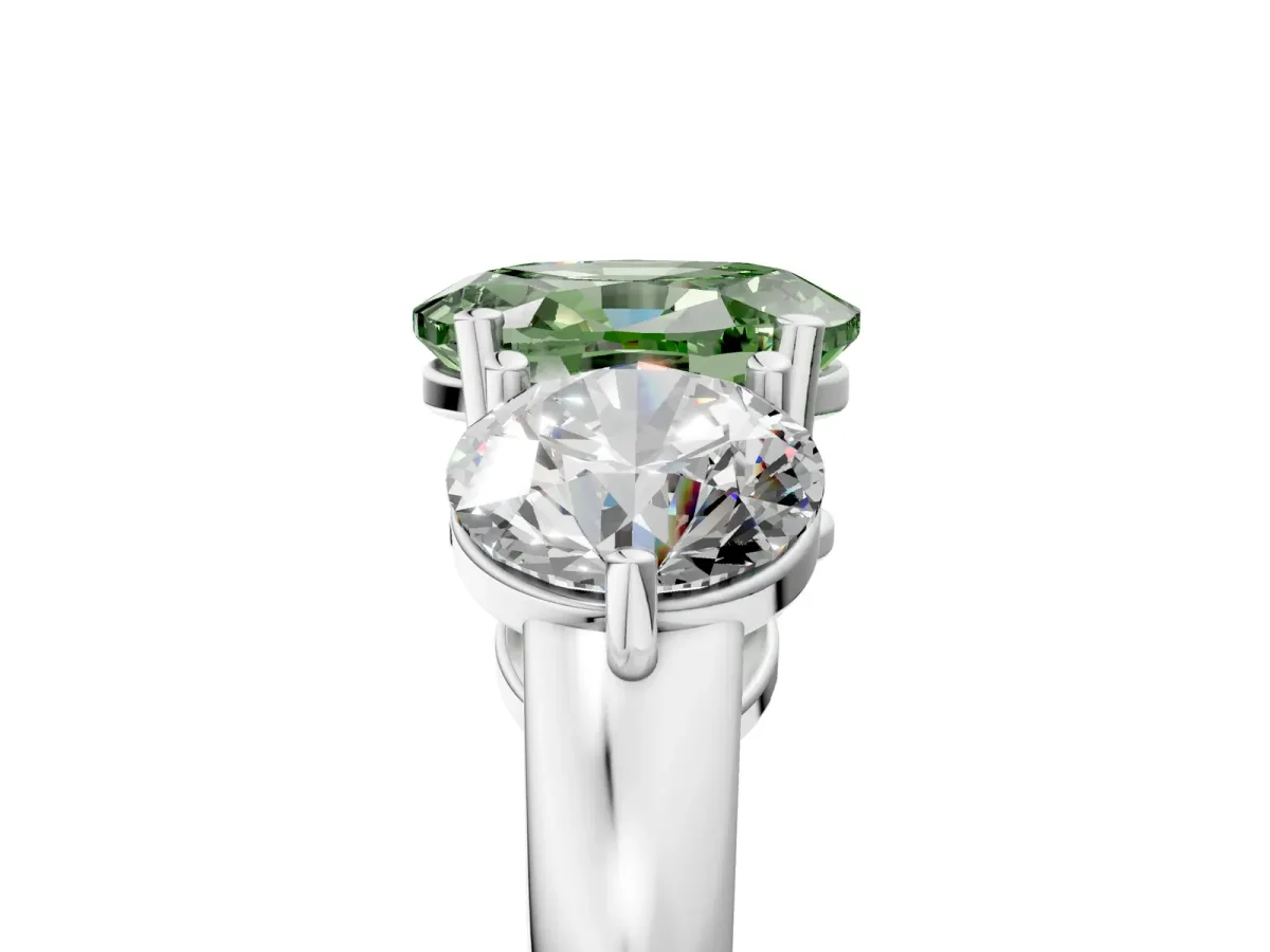 Fancy Green Oval Cut Diamond Three-Stone Ring with Prong Setting and Classic Band White gold