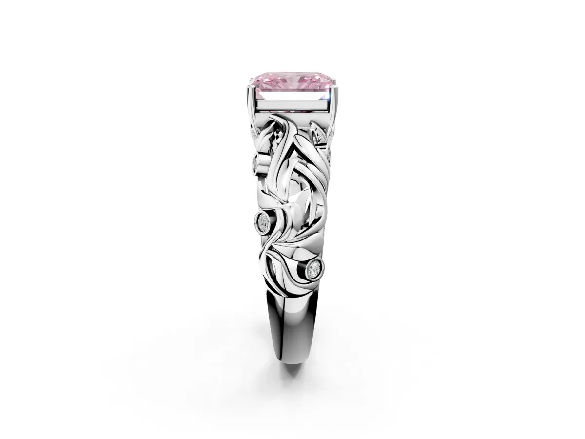 Fancy Pink Radiant Cut Solitaire Diamond Leaf-Inspired Vine Band Ring with Prong Setting Platinum