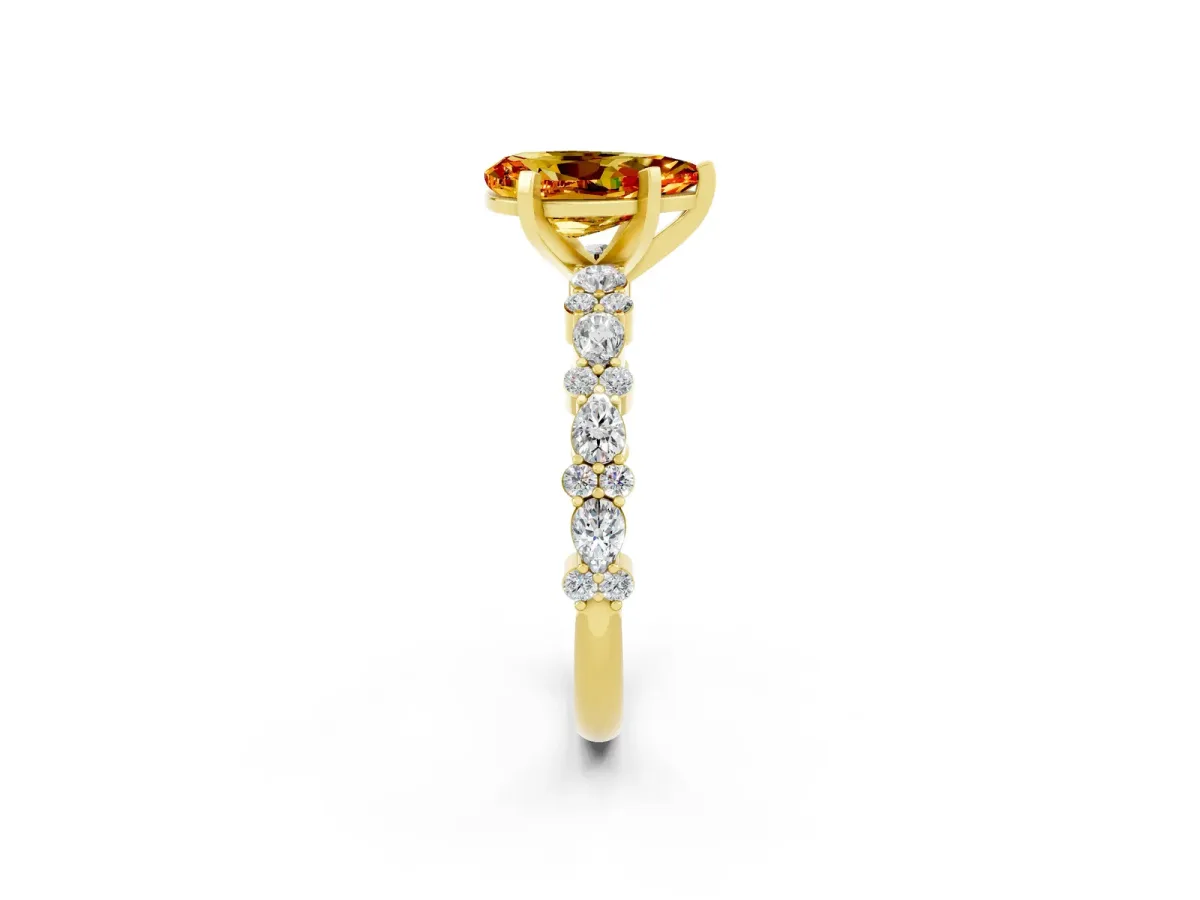 Pear Cut Citrine Side Stone Solitaire Ring with Round and Four-Prong Setting Yellow gold