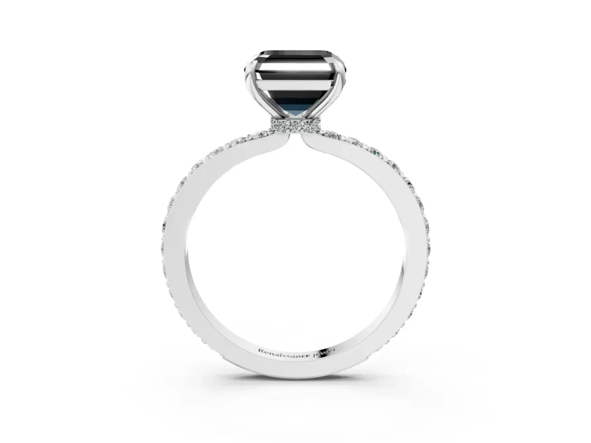 Fancy Black Asscher Cut Diamond Solitaire Engagement Ring with Pavé Band and Four-Prong Setting Silver