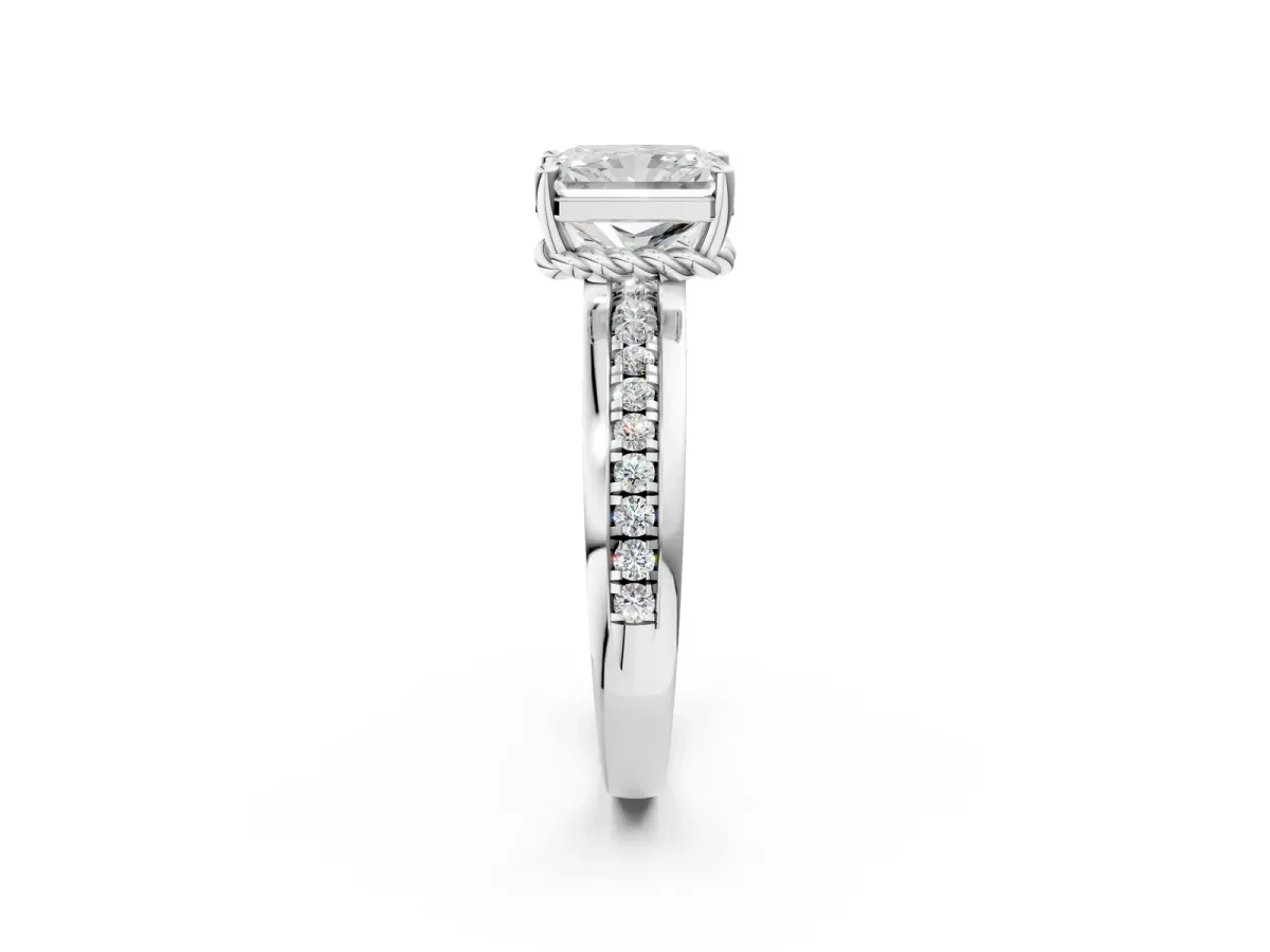 Radiant Cut Solitaire Diamond Ring with Channel Set Band and Six-Prong Setting Platinum
