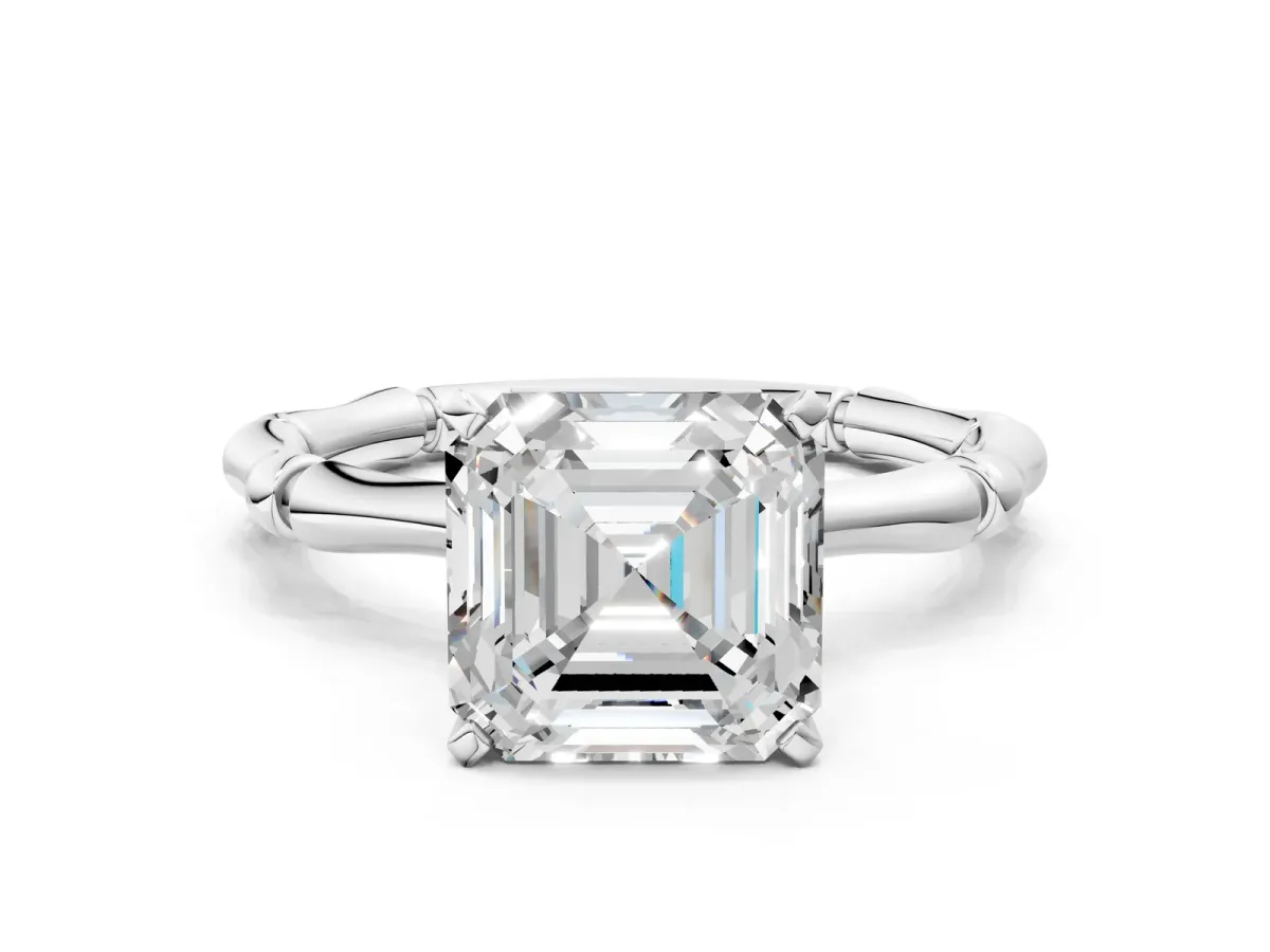 Asscher Cut Solitaire Diamond Ring with Bamboo Band and Four-Prong Setting Platinum
