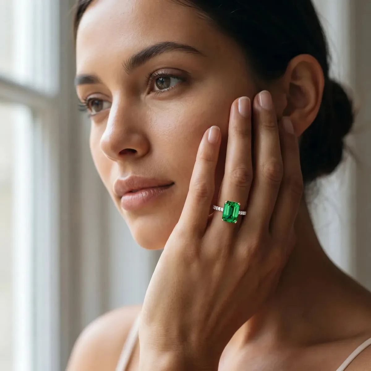 Emerald Cut Emerald Solitaire Ring with Round Pavé Band and Four-Prong Setting Rose gold