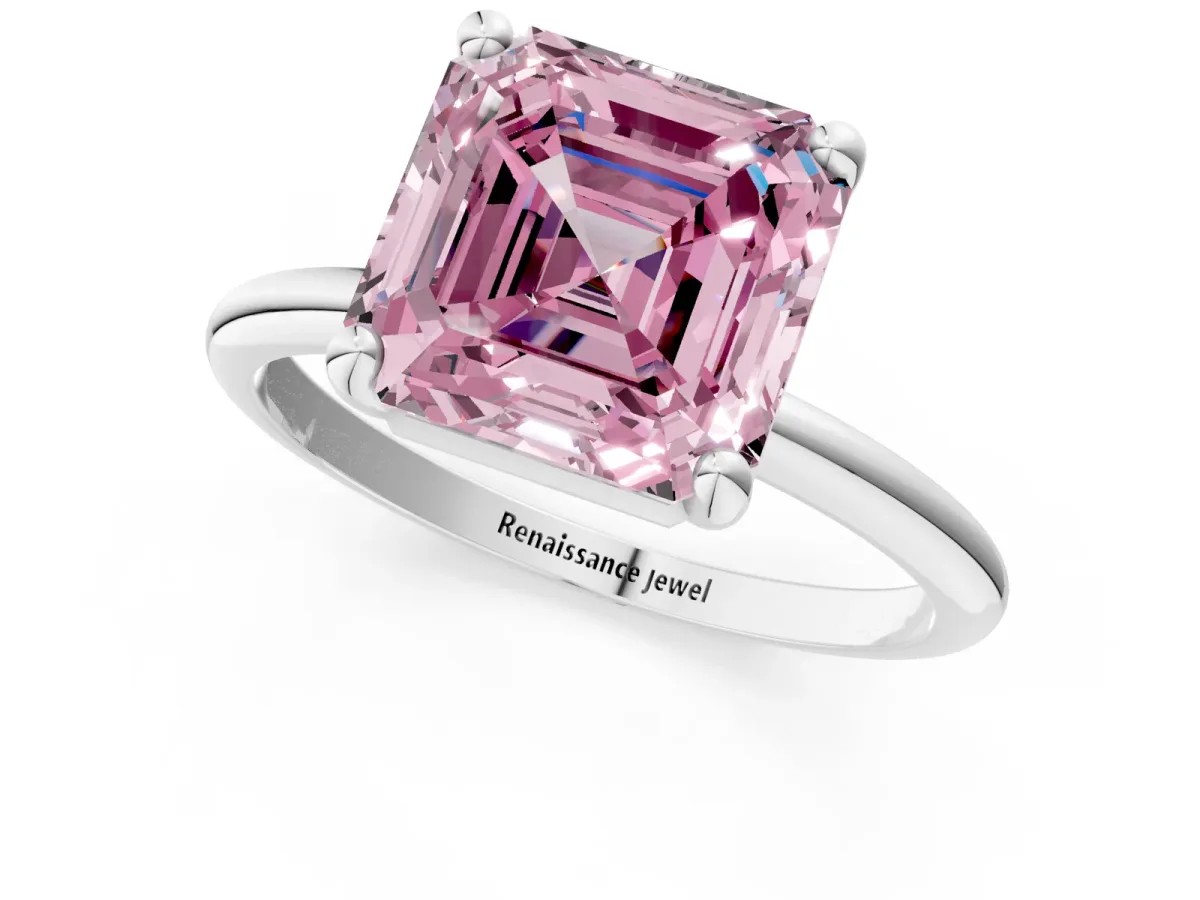 Fancy Pink Asscher Cut Solitaire Diamond Ring with 4-Prong Setting on a Classic Band White gold
