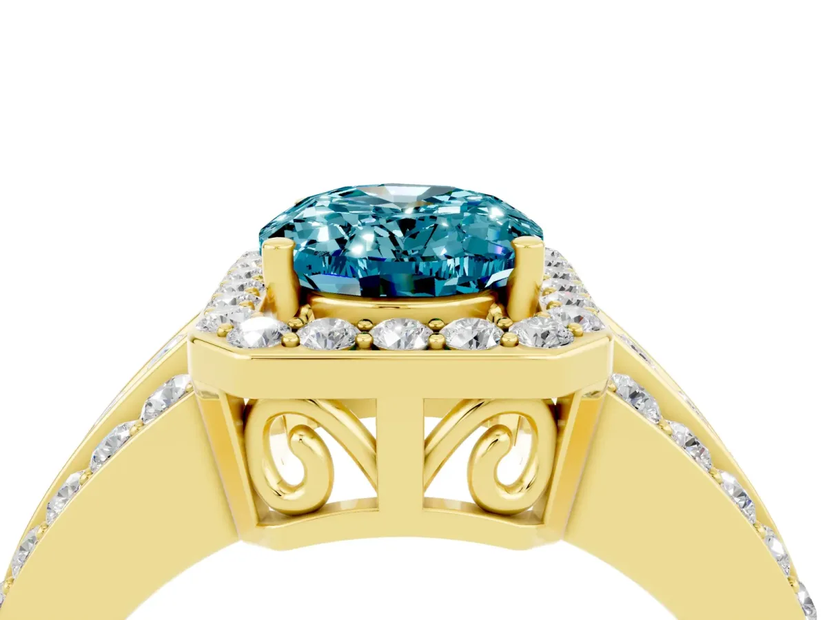 Oval Cut Halo Blue Topaz Ring with Round Split Shank and Prong Setting Yellow gold