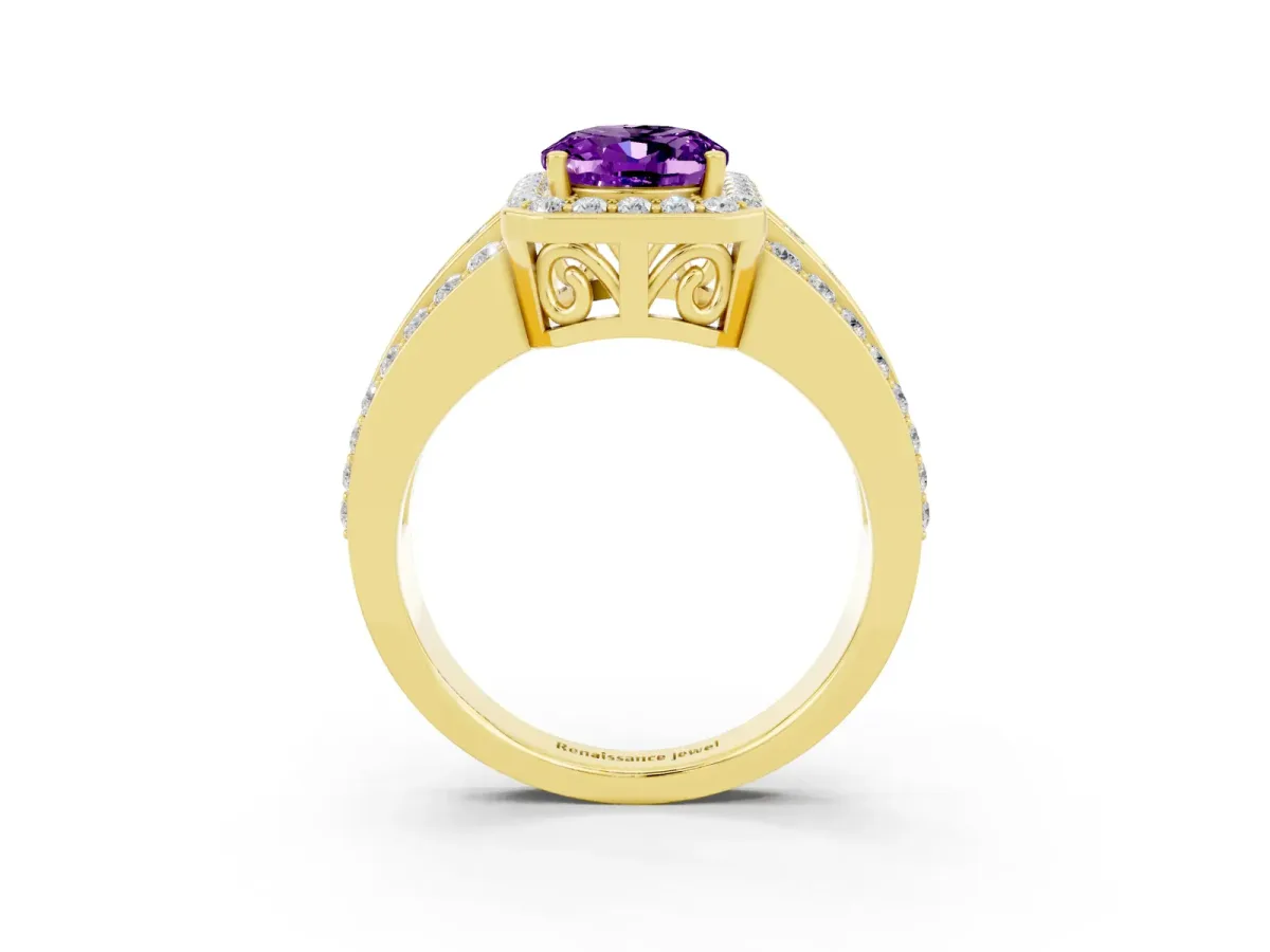 Oval Cut Halo Amethyst Ring with Round Split Shank and Prong Setting Yellow gold