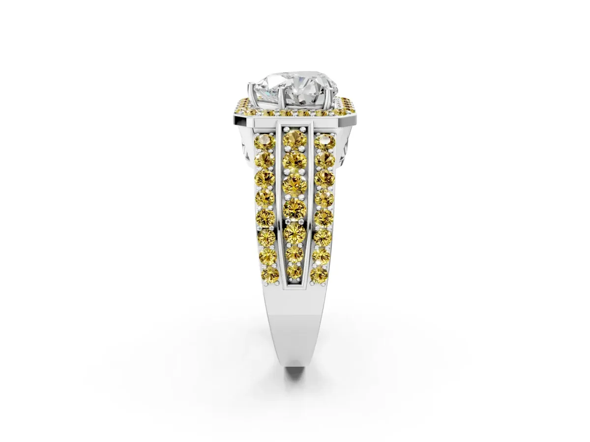 Heart Cut Halo Diamond Ring with Round Yellow Sapphire Split Shank and Prong Setting Silver