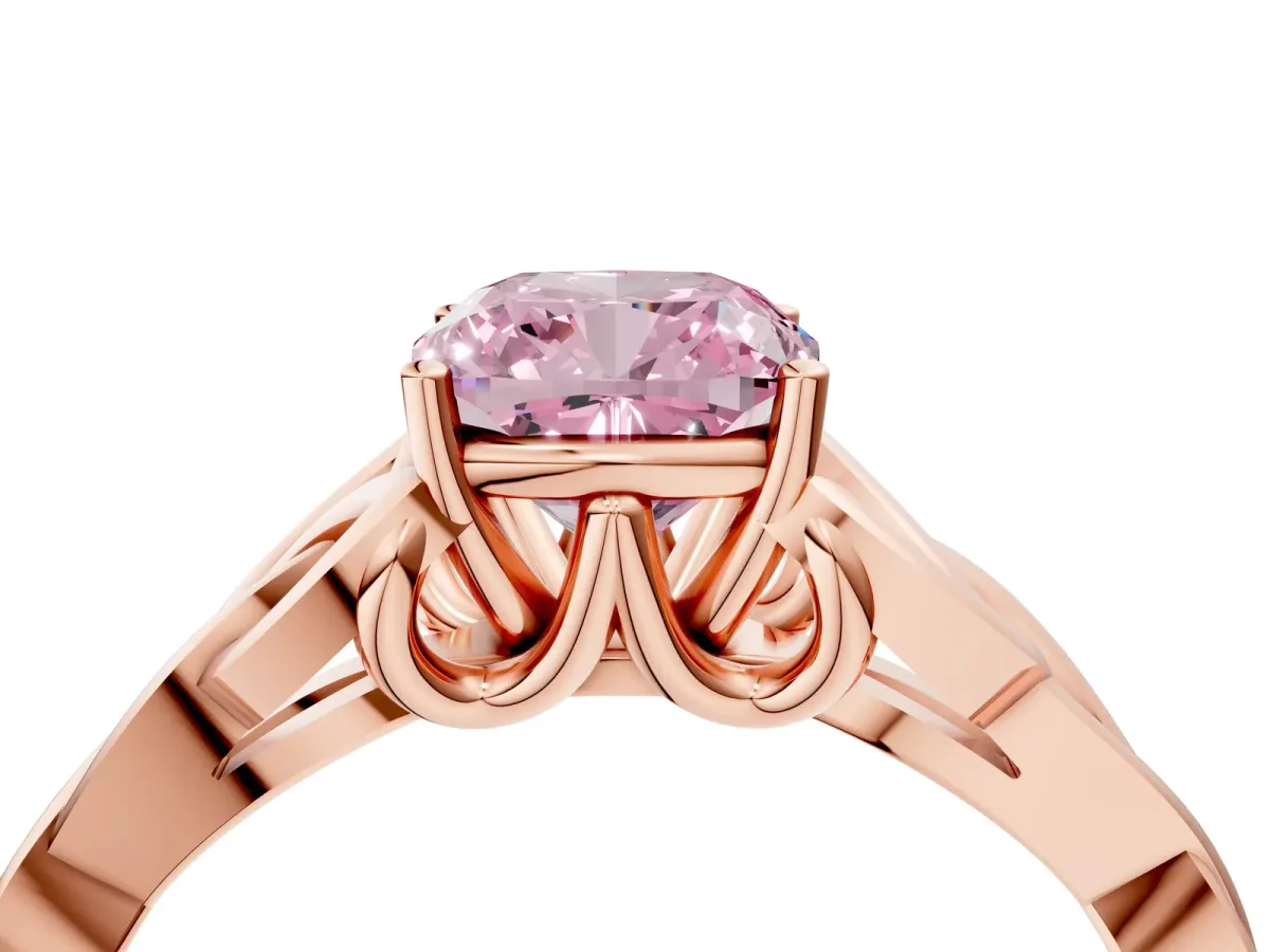 Fancy Pink Cushion Cut Diamond Solitaire Celtic Knot Ring with Four-Prong Setting Rose gold
