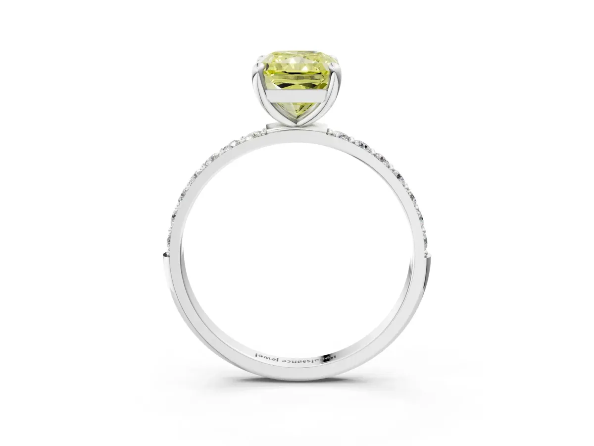 Fancy Yellow Radiant Cut Diamond Solitaire Ring with Round Pavé Band and Prong Setting Silver