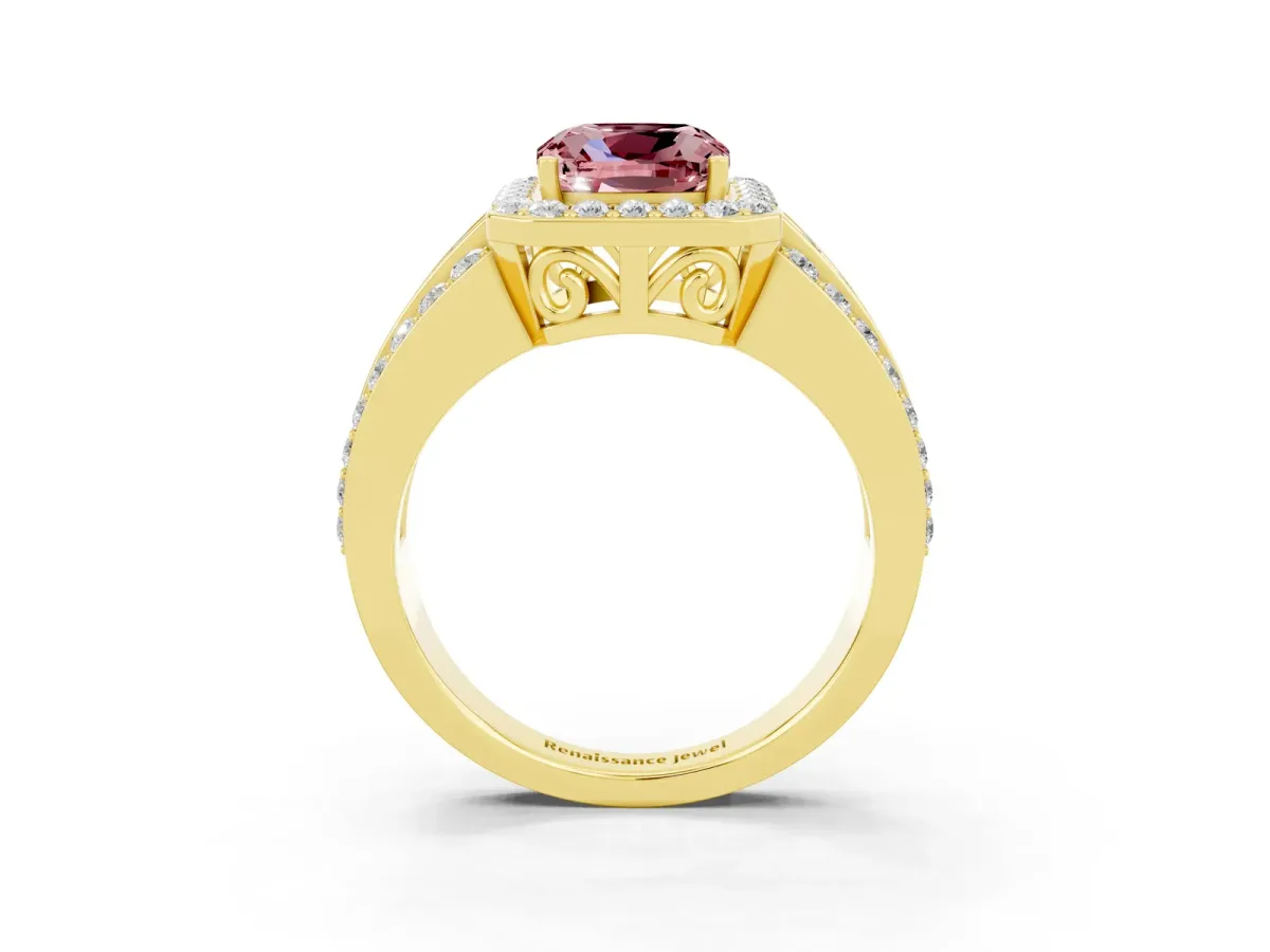 Cushion Cut Halo Morganite Ring with Round Split Shank and Prong Setting Yellow gold