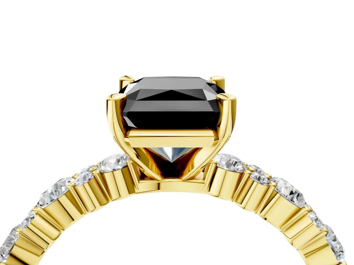 Fancy Black Radiant Cut Diamond Side Stone Solitaire Ring with Round and Four-Prong Setting Yellow gold