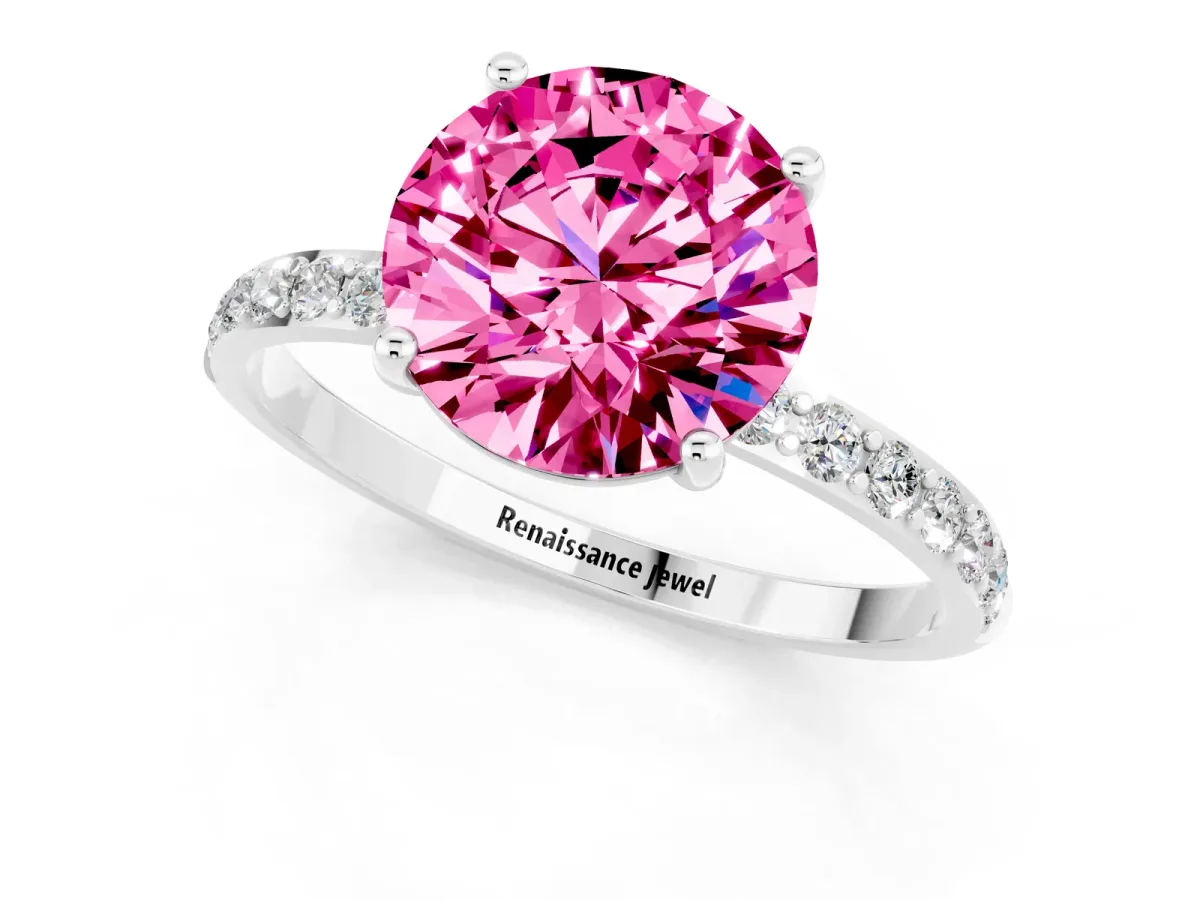 Round Cut Pink Sapphire Solitaire Ring with Round Pavé Band and Prong Setting Silver