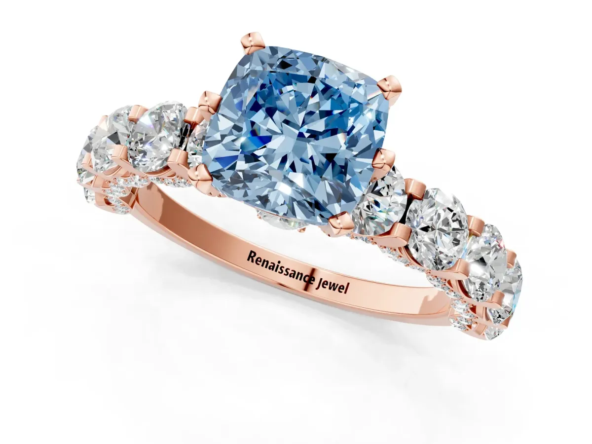 Fancy Blue Cushion Cut Diamond Side Stone Engagement Ring with Four-Prong Setting Rose gold