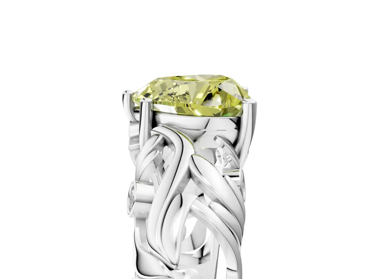 Fancy Yellow Heart Cut Solitaire Diamond Leaf-Inspired Vine Band Ring with Prong Setting Platinum
