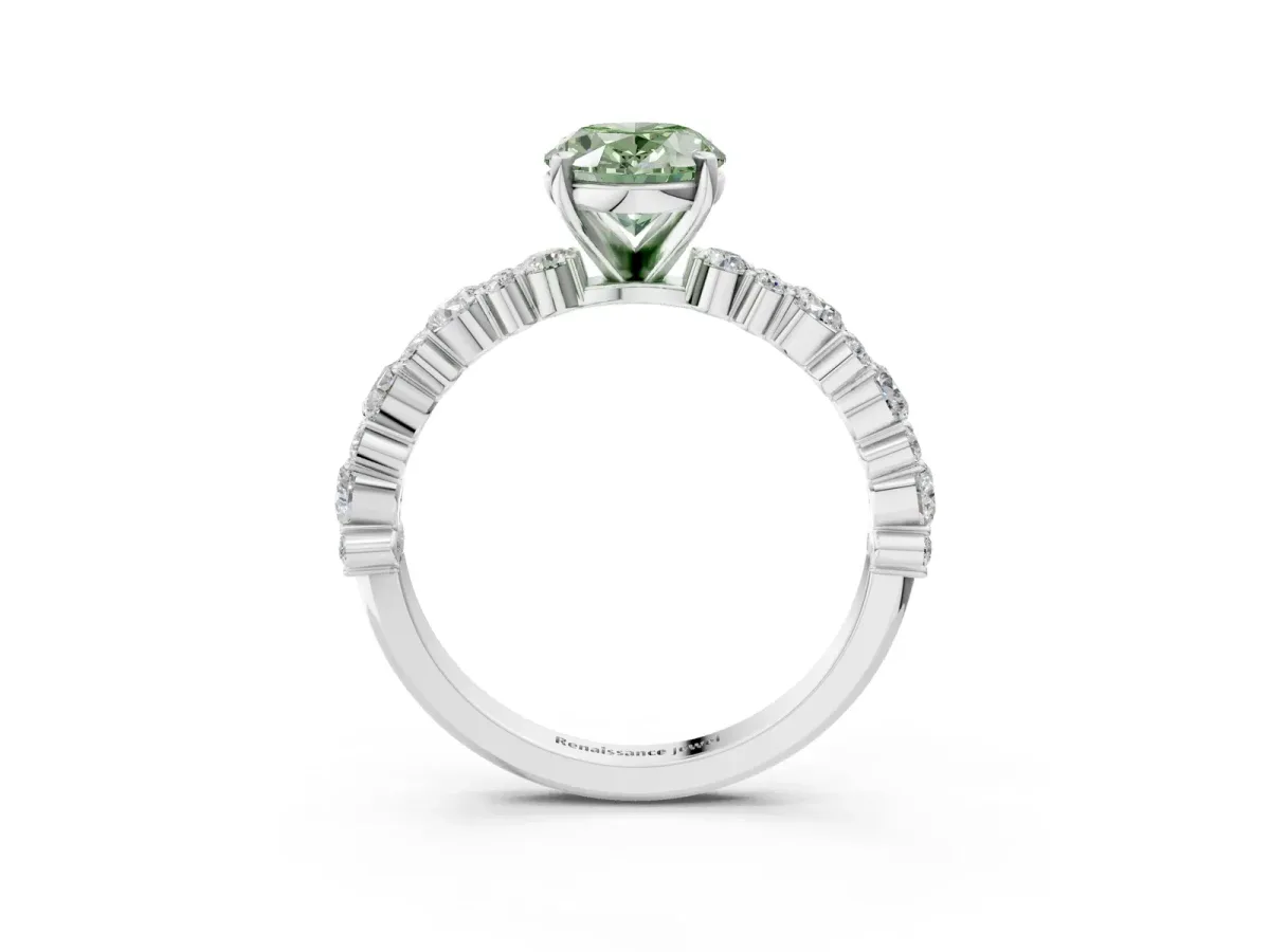 Fancy Green Oval Cut Diamond Side Stone Solitaire Ring with Round and Four-Prong Setting Platinum