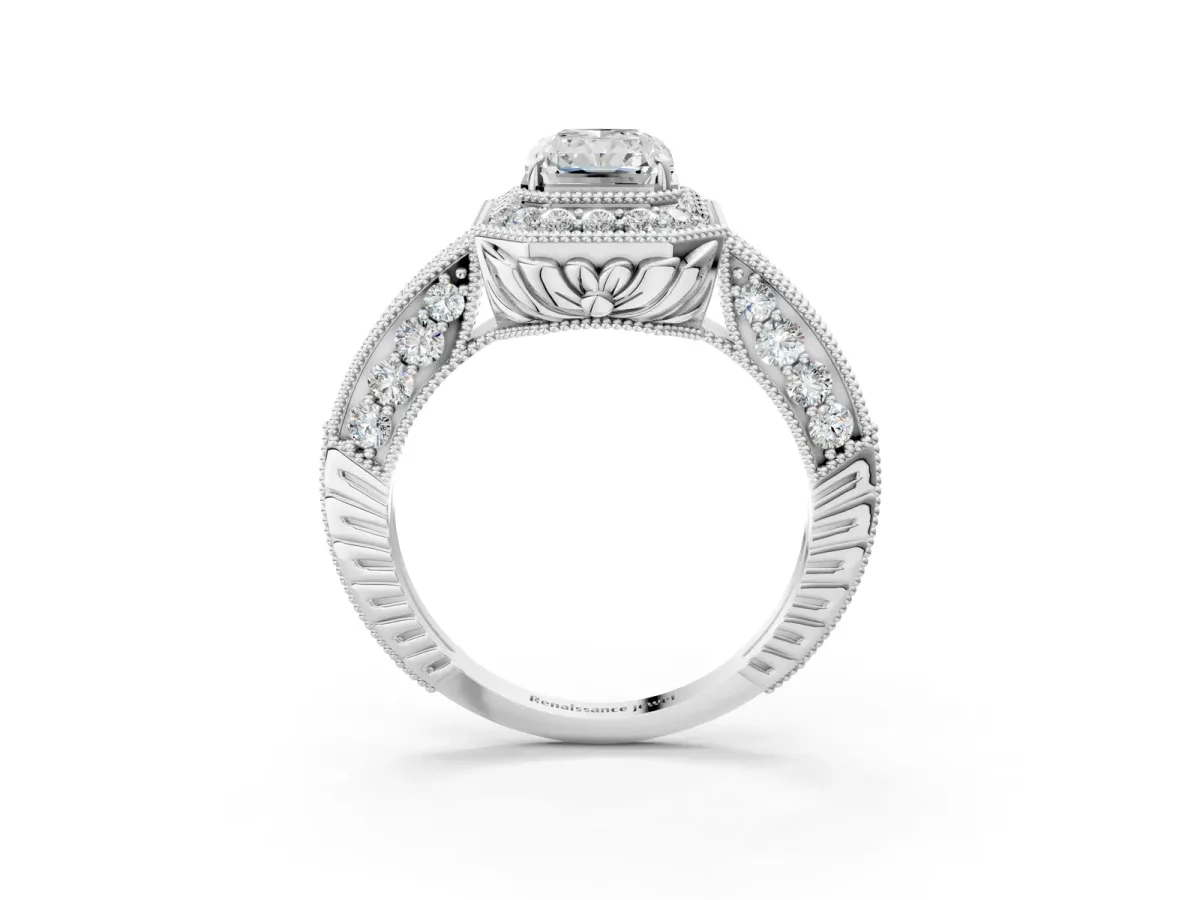 Radiant Cut Halo Diamond Split Shank Ring with Milgrain Detail Platinum