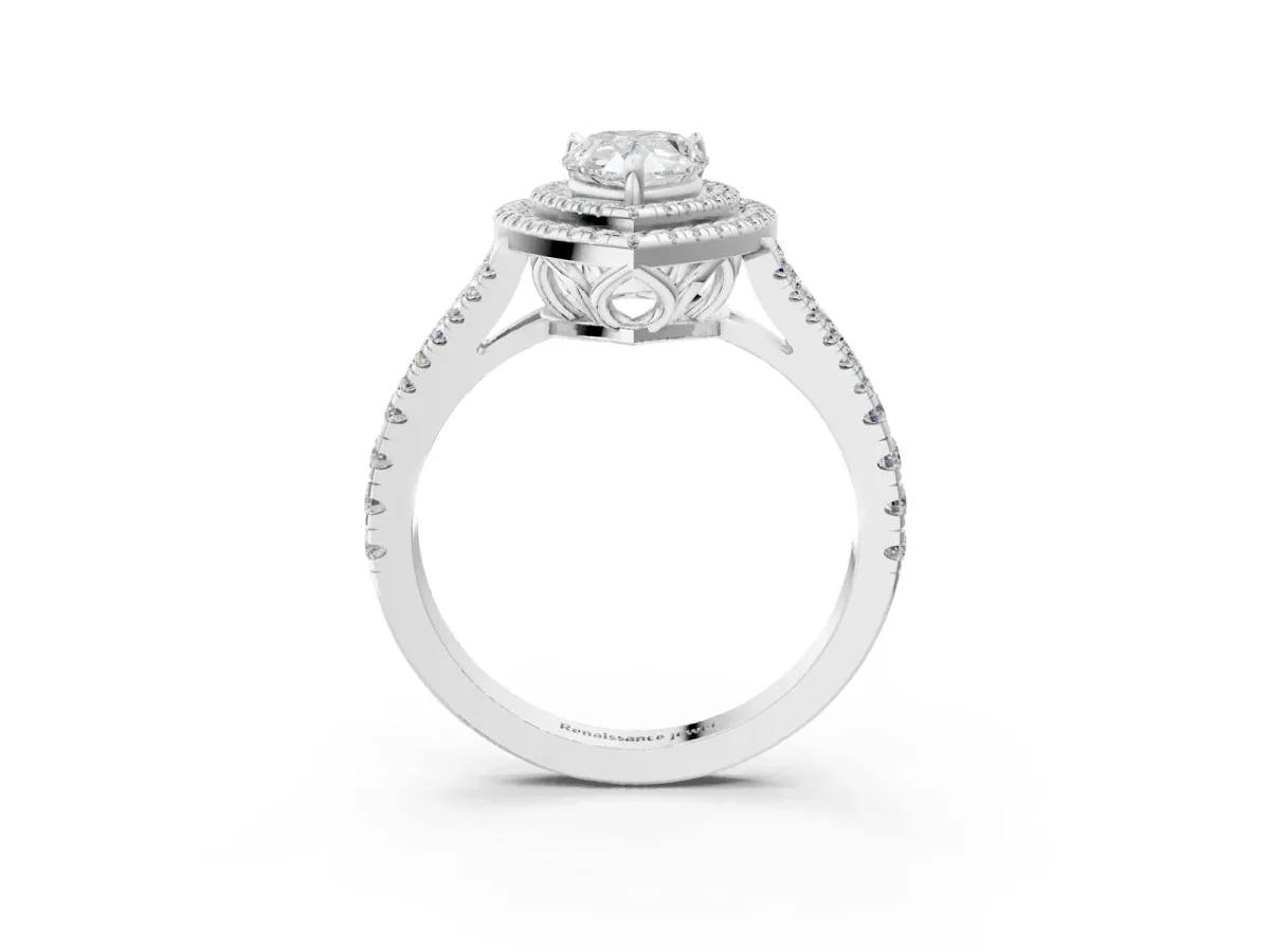 Pear Cut Diamond Double Halo Ring with Pavé Band and Prong Setting Silver