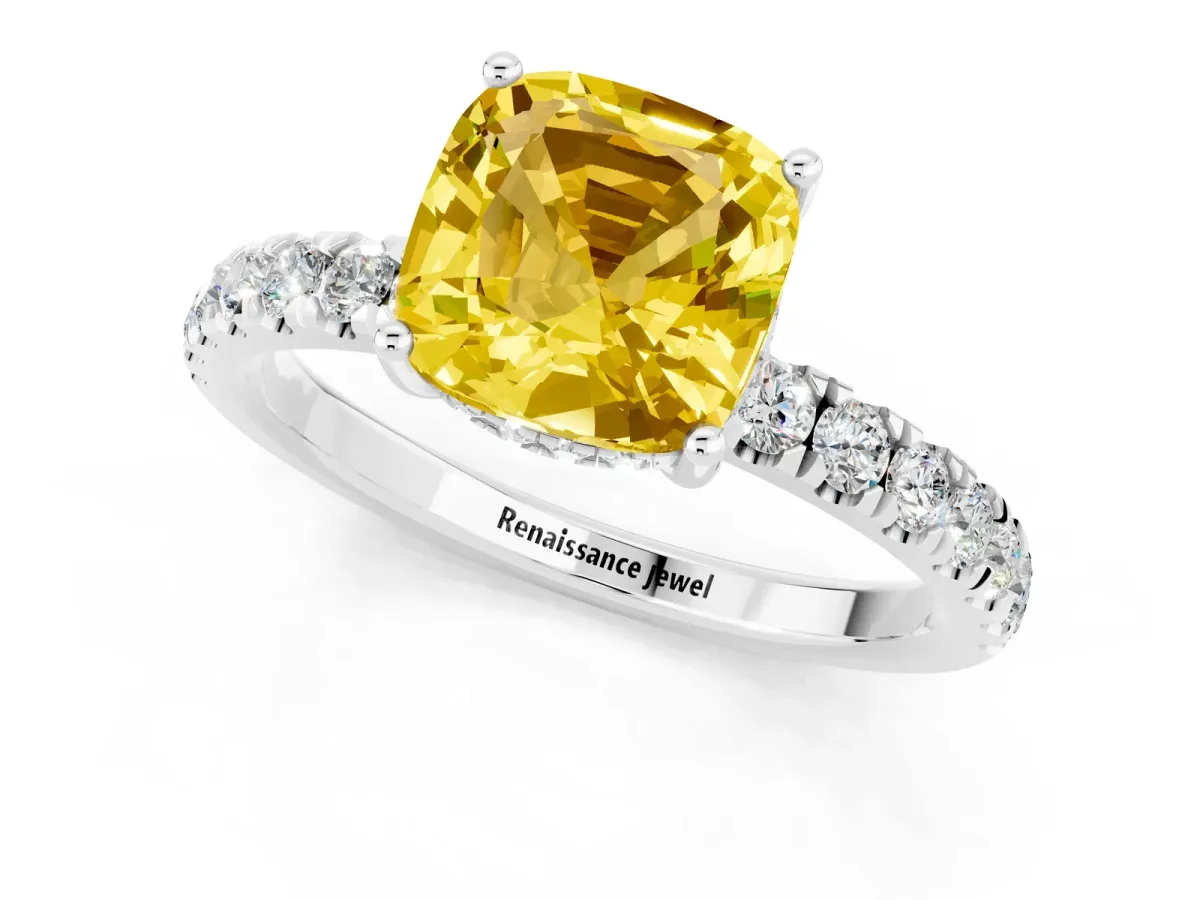 Cushion Cut Yellow Sapphire Pave Band Solitaire Ring with Round and Prong Setting Silver