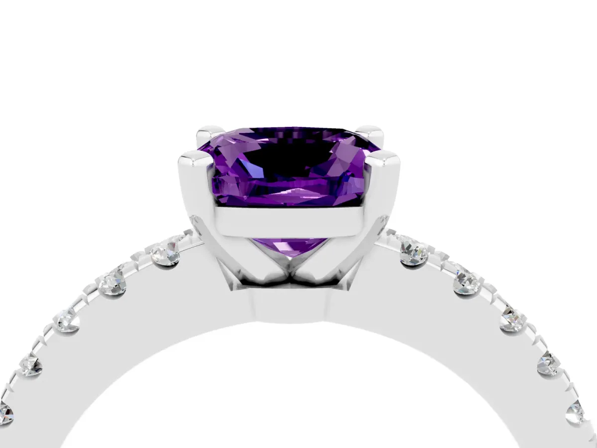 Cushion Cut Solitaire Amethyst with Pavé Band and Four-Prong Setting Silver