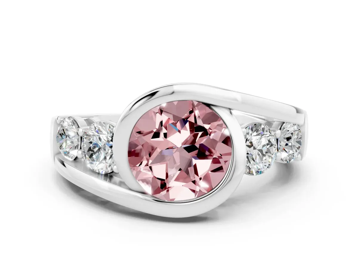 Bezel Set Round Cut Morganite Bypass Ring with Round Accents Platinum