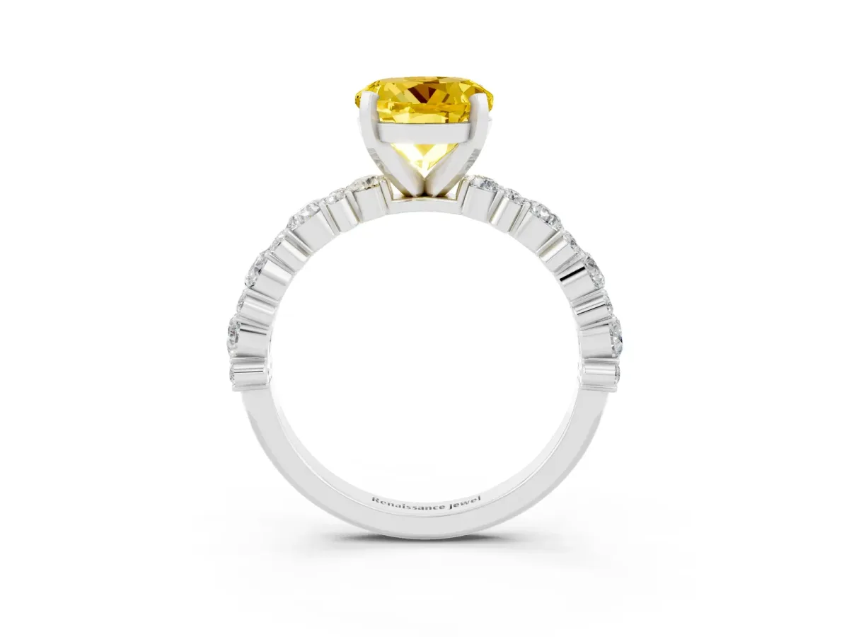 Round Cut Yellow Sapphire Side Stone Solitaire Ring with Round and Four-Prong Setting White gold