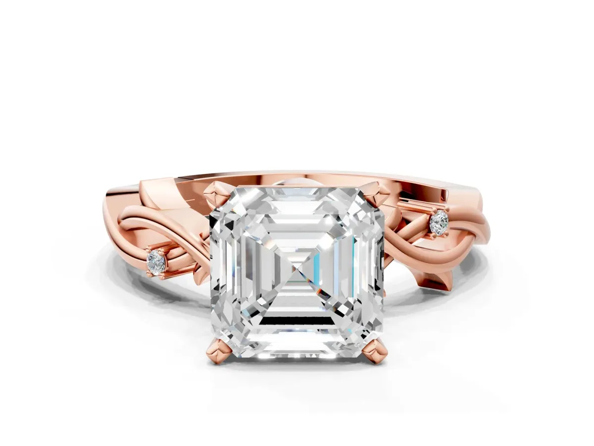 Asscher Cut Diamond Solitaire Ring with Twisted Band and Prong Setting Rose gold